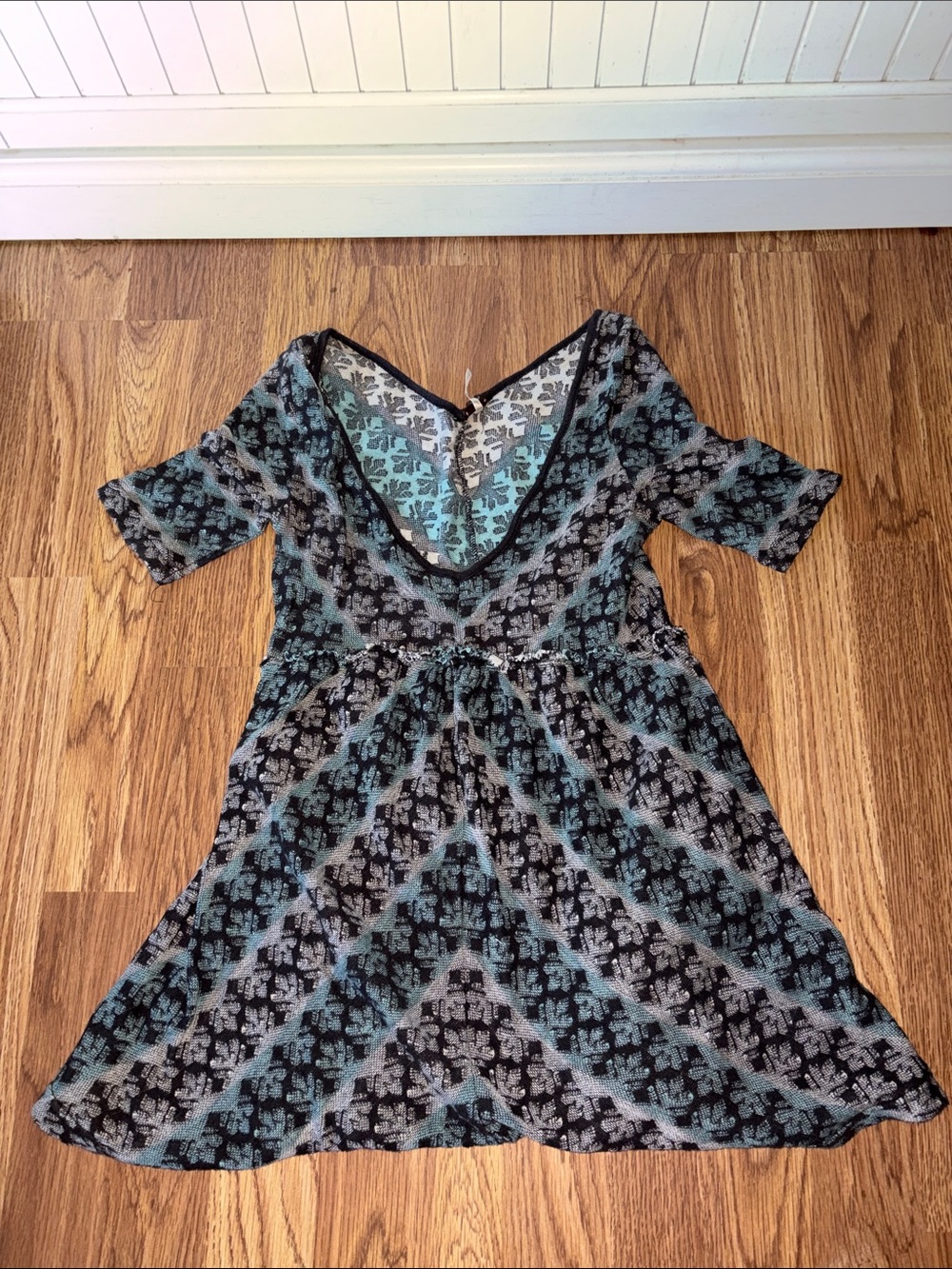 Free People Black and Teal V-Neck Patterned Tunic